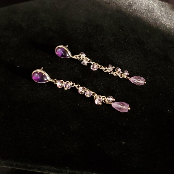 Purple and Silver Dangling Earrings Stone Glass - Picture 2 of 9